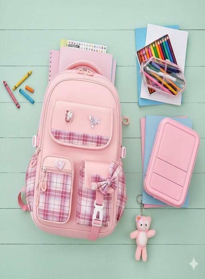 13 SOEME peach Chex School Bag for Boys and Girls - Unisex Kids Bag, College Bag for Girls - Ideal for Kids, Boys, Girls, Parents, Mother, Father - Durable and Stylish - Image 5